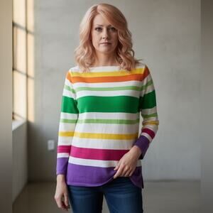 Lauren Ralph Lauren Multi Stripe Boat Neck Fine Gauge Cotton Sweater Size XL